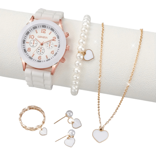 Conjunto de relógio branco para senhora com pulseira de silicone Joias brancas pérolas motivo coração Pulseira brincos corrente anel Presente elegante