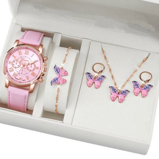 Conjunto de relógio e joias femininas Colar rosa pulseira brincos com borboleta Joias elegantes para mulheres Caixa de presente