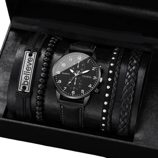 Conjunto de relógio para homem com pulseira de couro, 3 pulseiras de couro, pendente Believe e 1 pulseira de contas