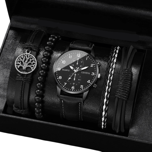 Conjunto de relógios de homem com pulseira de couro cor preta 3 pulseiras de couro 1 pulseira de contas Conjunto elegante Presente estiloso para homens