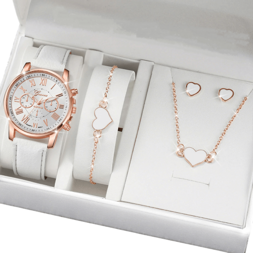 Conjunto de relógios e joias femininas Colar elegante pulseira brincos com coração Presente de luxo para mulheres Caixa de presente