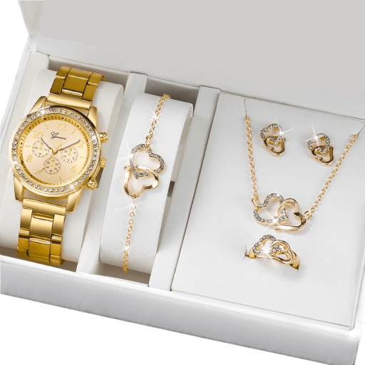 Conjunto de reloj y joyas en forma de corazón Elegante cadena pendientes pulsera Regalo romántico para mujer San Valentín aniversario cumpleaños