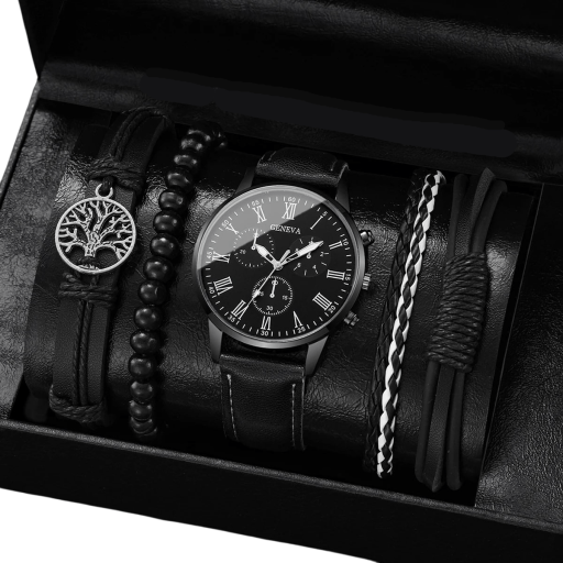Conjunto de relojes para hombre con correa de piel, color negro, 3 pulseras de piel con símbolo de árbol, 1 pulsera de cuentas, elegante set de regalo