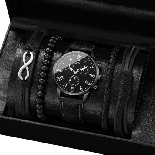 Conjunto de relojes para hombre con correa de piel, color negro, 3 pulseras de piel con símbolo de infinito, 1 pulsera de cuentas, Regalo elegante