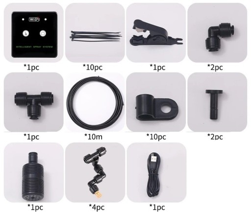 Conjunto de sistema de rega WiFi com bicos de nebulização 10 m 4 bicos Controlo inteligente através de aplicação Alimentação USB