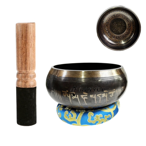 Conjunto de tigelas tibetanas cantantes de 14.5 cm com escrita tibetana, malhete de couro e almofada para meditação, yoga, relaxação, cura de chakras e oração