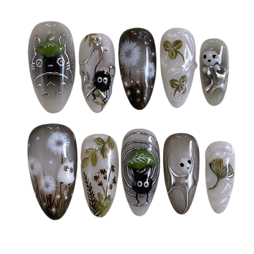 Conjunto de unhas artificiais 24 pcs 25,6–18,3 mm Formato amendoado Motivos desenhados brilhantes 12 tamanhos Cola e acessórios