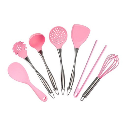 Conjunto de utensílios de cozinha em silicone 7 pcs Desde a concha até o batedor Cabos em aço inoxidável Para cozinhar no dia-a-dia Adequado
