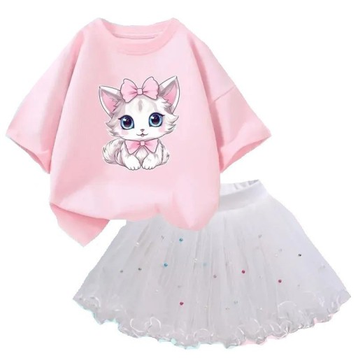 Conjunto de verano para niña Camiseta de manga corta y falda blanca Escote redondo Estampado de gato Algodón poliéster conjunto estiloso
