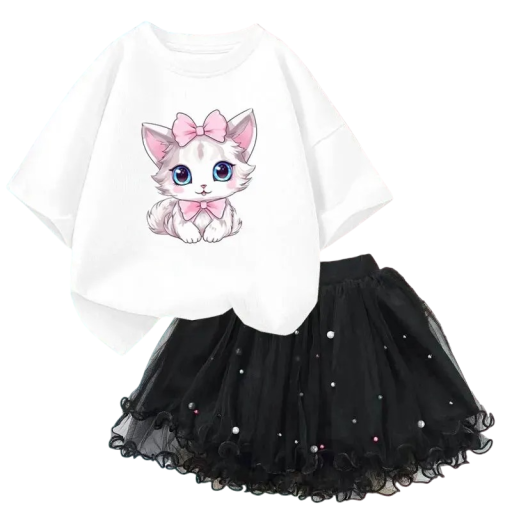 Conjunto de verano para niña Camiseta de manga corta y falda negra Escote redondo Estampado de gato Algodón poliéster conjunto estiloso