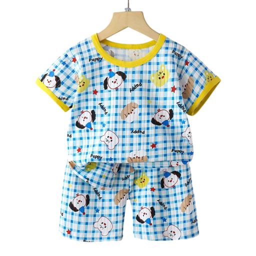 Conjunto de verano unisex para niños Camiseta de manga corta con botones Cuello redondo Color a cuadros azul Estampado de animales Pantalones cortos