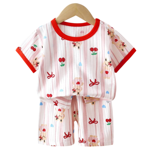 Conjunto de verano unisex para niños Camiseta de manga corta con botones Escote redondo Color rosa Estampado de lazos, cerezas y conejitos Pantalones cortos