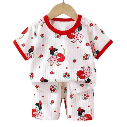 Conjunto de verano unisex para niños Camiseta de manga corta y pantalones cortos Cuello redondo Conjunto blanco con estampado de niña con cereza