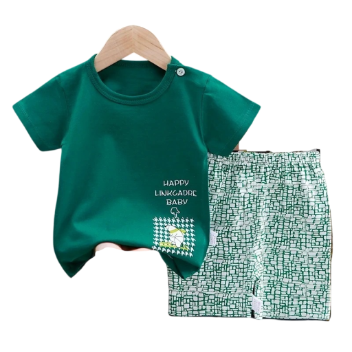 Conjunto de Verão Unisex para Crianças Camiseta de Algodão com Mangas Curtas Camiseta Verde com Impressão Calças Curtas Roupa Confortável para Crianças