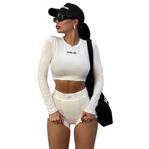 Conjunto deportivo de dos piezas para mujer Top corto de manga larga y escote redondo Pantalón corto elástico ajustado Conjunto fitness para hacer ejercicio