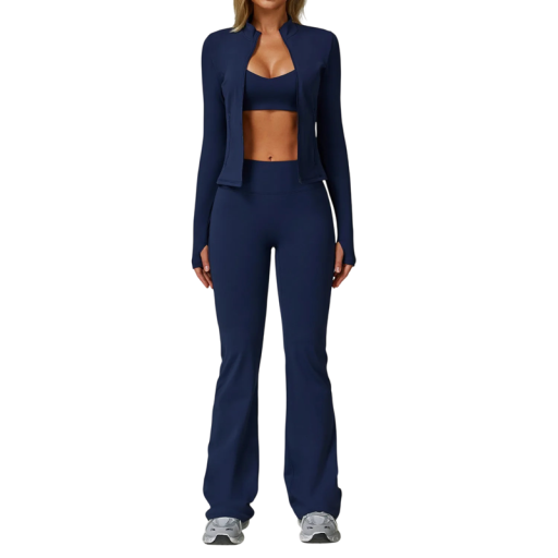 Conjunto desportivo feminino com calças, sweatshirt com fecho e soutien desportivo, de uma só cor, nylon, spandex, confortável e estiloso para fitness e lazer