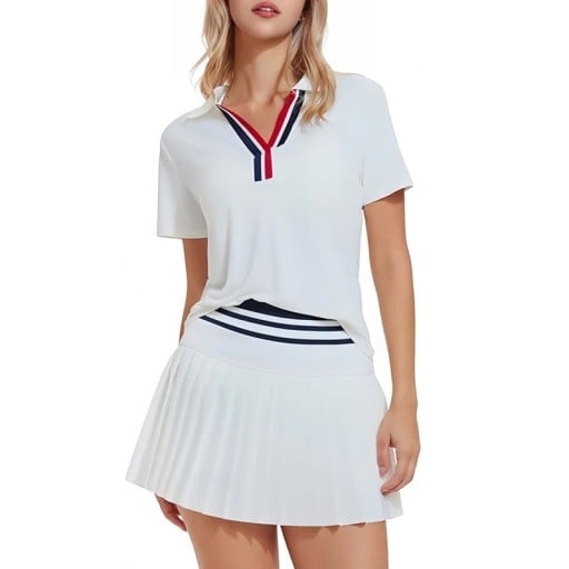 Conjunto desportivo feminino de duas peças com polo de decote em V e saia plissada com cintura alta e calções embutidos para desporto