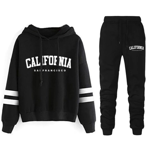Conjunto feminino com inscrições California, calças de fato de treino, sweatshirt com capuz, poliéster