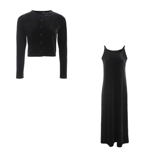 Conjunto feminino de duas peças blusa e vestido Conjunto de veludo com botões e alças finas Poliéster Para uso diário e ocasiões sociais
