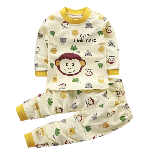 Conjunto infantil amarelo com estampado de animais t-shirt de mangas longas e calças elásticas Unisex conjunto de algodão confortável