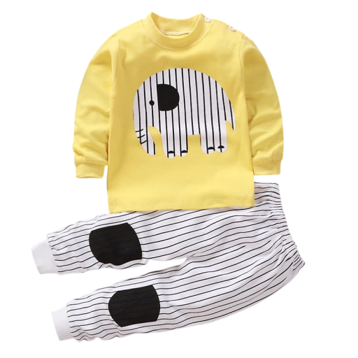 Conjunto infantil amarillo con estampado de elefante camiseta de manga larga pantalones a rayas con goma Unisex conjunto de algodón
