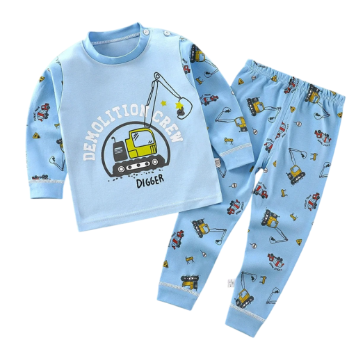 Conjunto infantil azul com estampado de grua t-shirt de manga longa calças elásticas Unisex conjunto de algodão confortável