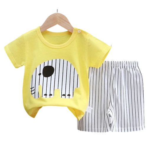Conjunto infantil t-shirt de manga curta e calções elásticos Unisex em algodão com t-shirt amarela e estampagem de elefante