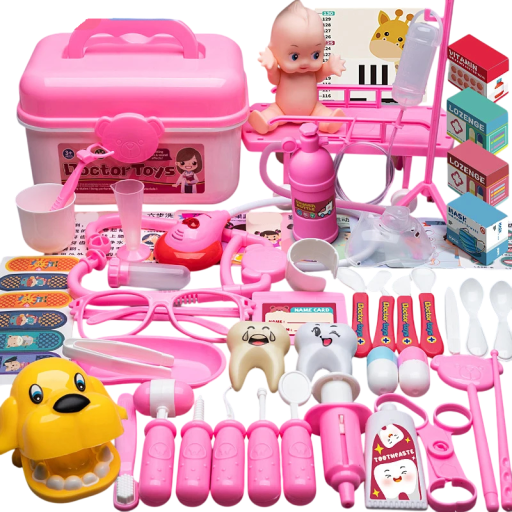 Conjunto jugamos a ser doctores 63 pcs Gran maletín rosa con accesorios médicos y dentales Consultorio infantil para exámenes y juegos de rol