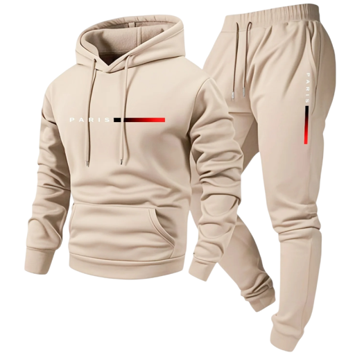 Conjunto masculino com sweatshirt e calças com cordão, de uma só cor com estampado Paris, poliéster