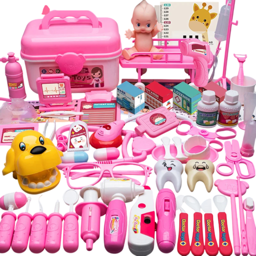 Conjunto médico rosa 73 peças Mala de médico infantil com estetoscópio, boneca, berço, cão dentista e instrumentos médicos