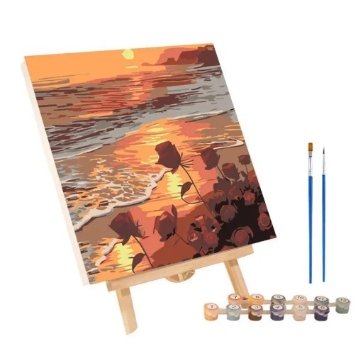 Conjunto para pintura por números 20x20 cm Pôr do sol e rosas à beira-mar Tintas acrílicas Moldura com tela Pincéis Decoração criativa para parede