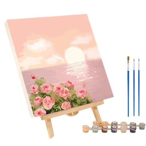 Conjunto para pintura por números 20x20 cm Pôr do sol e rosas Tintas acrílicas Tela Pincéis Moldura Criação relaxante Decoração para casa