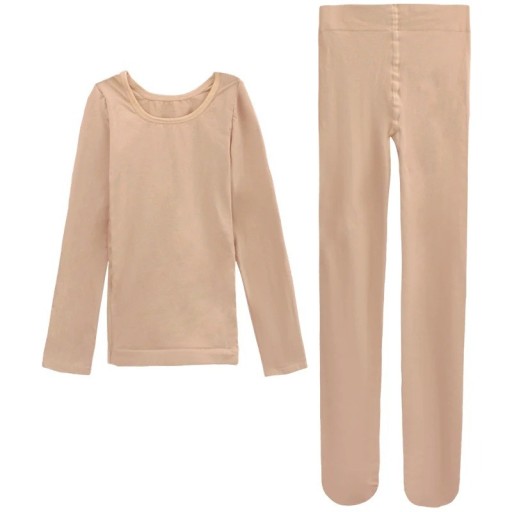 Conjunto térmico para niñas para danza, camiseta de manga larga y mallas en color piel, ropa interior elástica de rayón para ballet