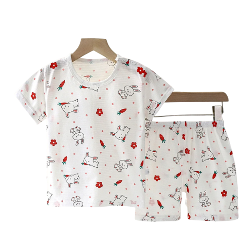Conjunto unisex infantil camiseta blanca y pantalones cortos de manga corta con cuello redondo dibujos de conejitos y zanahorias algodón