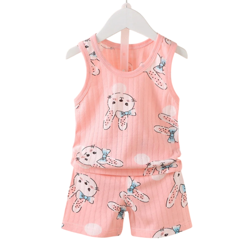 Conjunto unisex para niños: camiseta sin mangas y pantalones cortos elásticos con bolsillos, color rosa, con dibujos de conejitos, conjunto