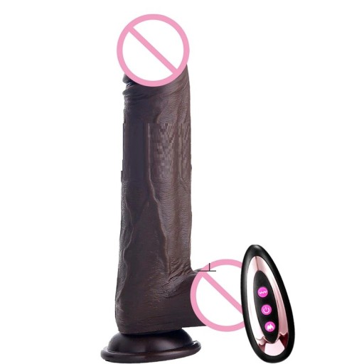 Consolador de silicona realista de 21 cm en color afroamericano con ventosa y control remoto, forma y vetas reales, embalaje discreto.
