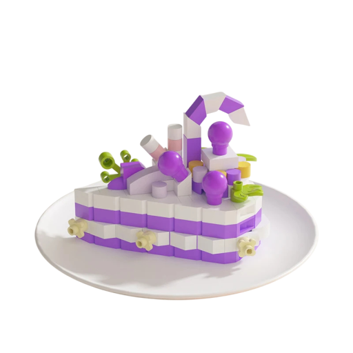 Construção 5,5 x 3,5 x 4,5 cm decoração de bolo em roxo e branco com elementos decorativos em forma de creme e cobertura. Mini bolo criativo em peças para montagem divertida