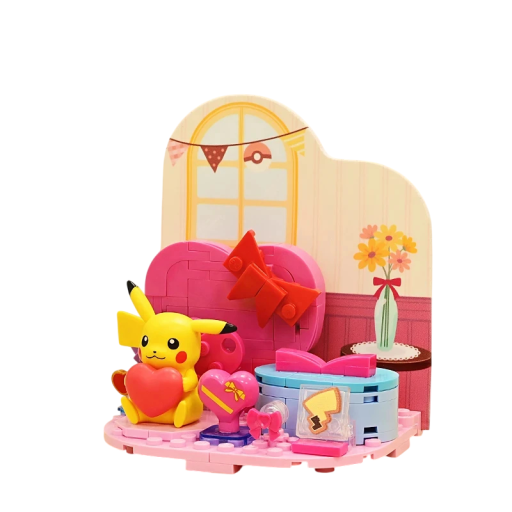 Construção Pikachu 10 x 7,2 x 11 cm figura Pokémon com coração Decoração para crianças Base dobrável Brinquedo para crianças Idade 6+