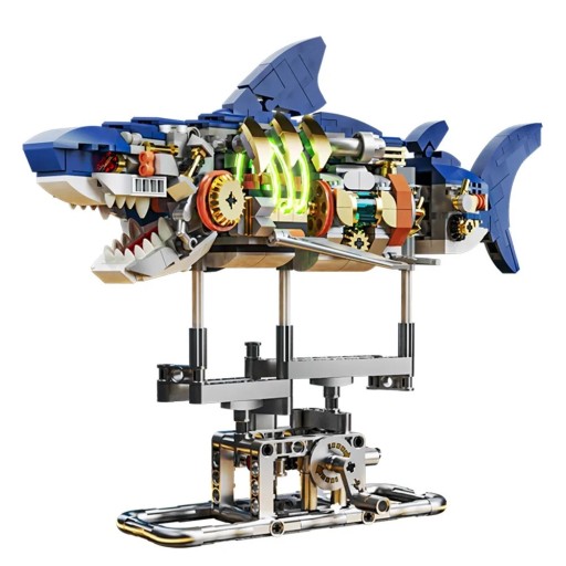 Construction mécanique requin 24 x 12 x 23 cm Modèle de requin avec socle et éclairage LED Décoration en briques créatures marines 3D Kit créatif