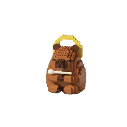 Construction Set 9.3 x 6 x 6.4 cm Sitting Capybara with Yellow Halo and White Roller in its Paws Cute Model Made of Mini Bricks