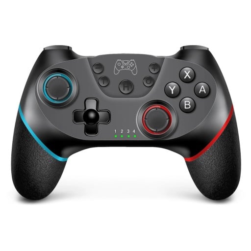 Controlador de jogos sem fios para Nintendo Switch preto com detalhes em azul e vermelho 6 eixos de giroscópio