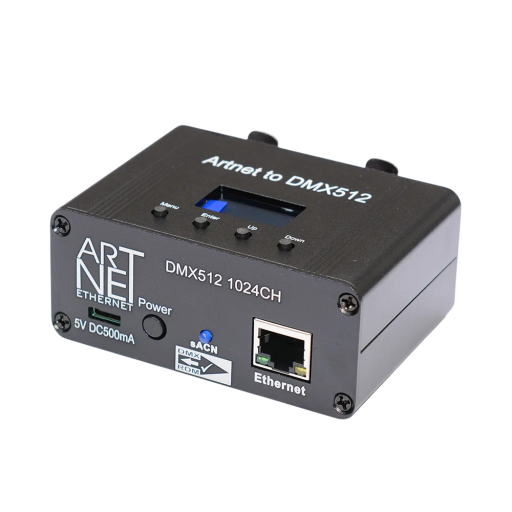 Convertor Art-Net la DMX512 2 porturi RDM și sACN 1024 canale display cu control menu alimentare 5 V DC 500 mA negru pentru iluminat și club