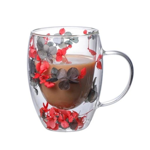 Copo de café de vidro duplo 350 ml com pega Copo de chá decorativo Simulação de flores Copo transparente de presente com folhas