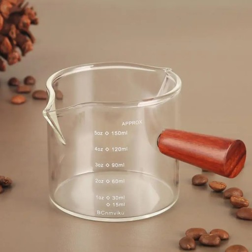 Copo medidor de vidro para espresso 150 ml com pega de madeira 6,5 x 6,5 cm Copo medidor para baristas Copo de vidro para café com marcas Acessórios