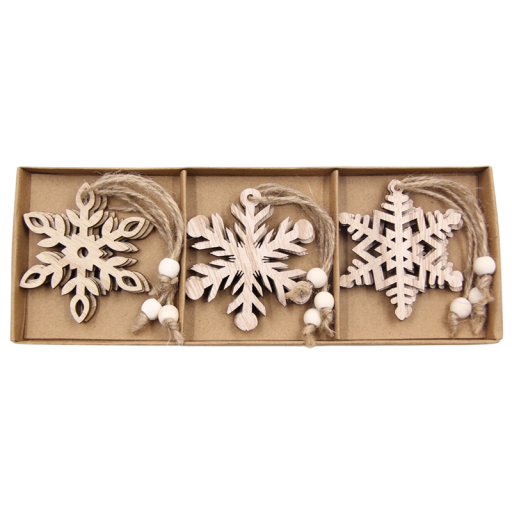 Copos de nieve de madera colgantes 12 unidades 8,5 x 23,5 cm 3 estilos Adornos navideños huecos de madera natural con cuerda Decoración para árbol en caja
