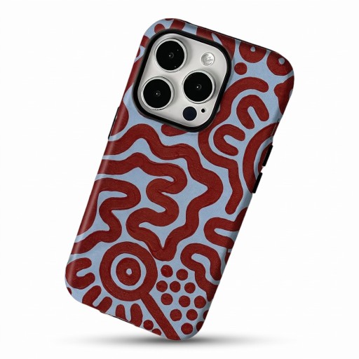 Coque double couche pour iPhone 16e Motif abstrait de lignes ondulées et de points Bleu clair et rouge brique Résistante aux chutes et aux rayures