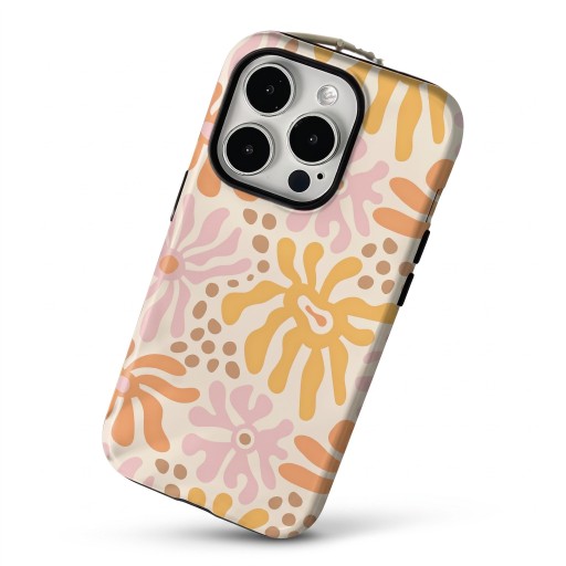 Coque double couche pour iPhone 16e Motif floral abstrait Crème avec orange et rose Résistante aux chocs et aux rayures