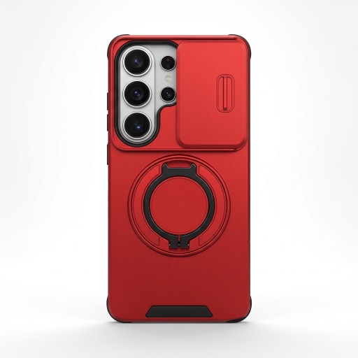 Coque en plastique renforcé antichoc pour Samsung Galaxy S24+ avec support rond rabattable et cache objectif coulissant