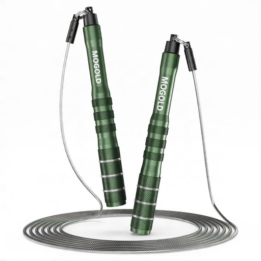 Corde à sauter MOGOLD avec câble en acier 3 m Poignées en aluminium 14,8 cm Double roulements Anneaux antidérapants Pour l'entraînement cardio