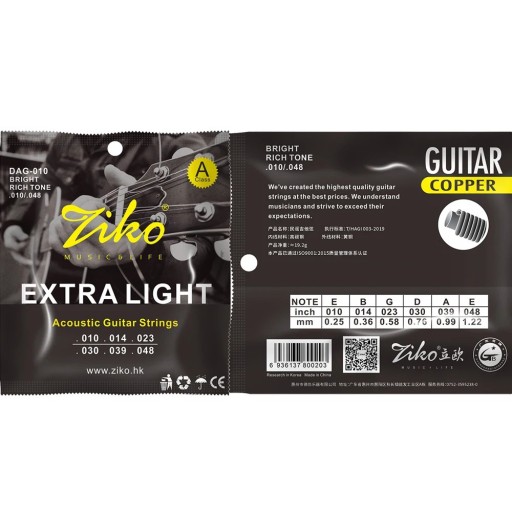 Cordes pour guitare acoustique DAG-010 Acier au carbone avec noyau hexagonal Alliage de bronze phosphoreux Longue durée de vie Son clair et équilibré